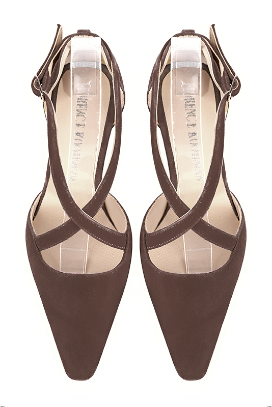 Chocolate brown women's open side shoes, with crossed straps. Tapered toe. Medium spool heels. Top view - Florence KOOIJMAN